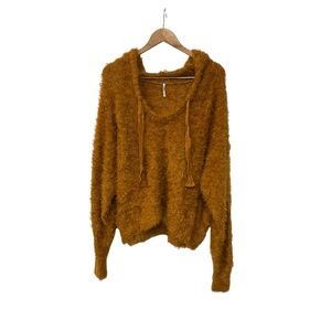 Free People Light As A Feather Fuzzy Hooded Oversized Sweater Mustard Yellow S